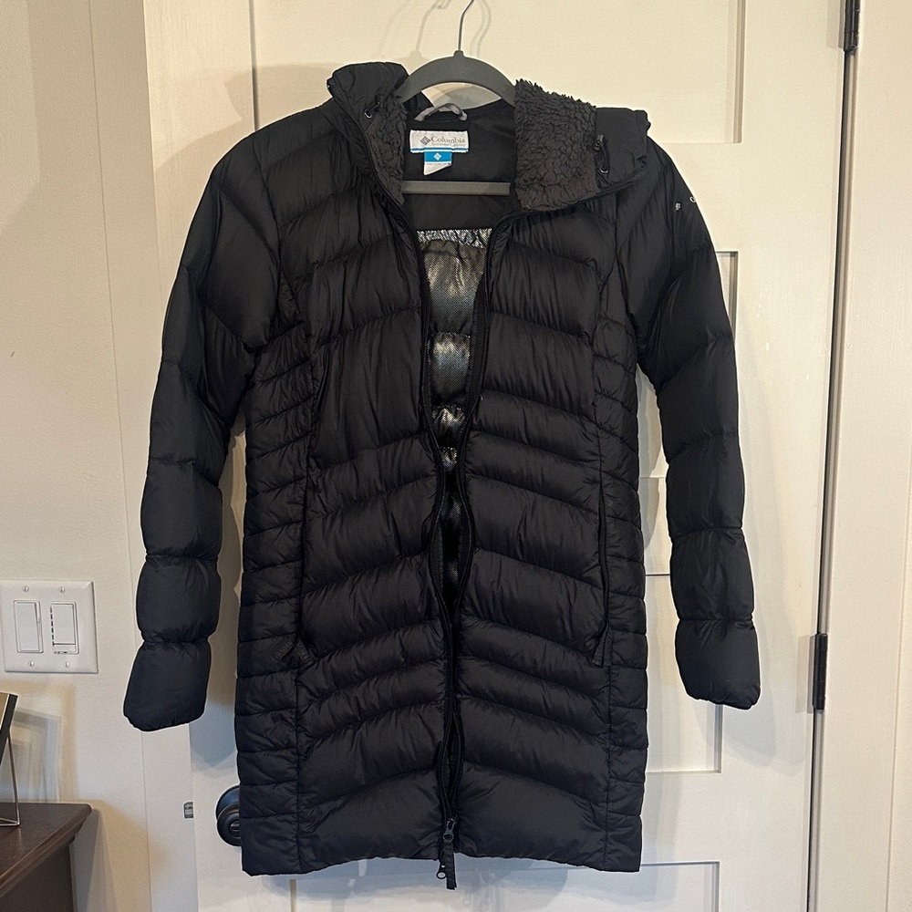Black Long Puffer Coat with Hood - Columbia